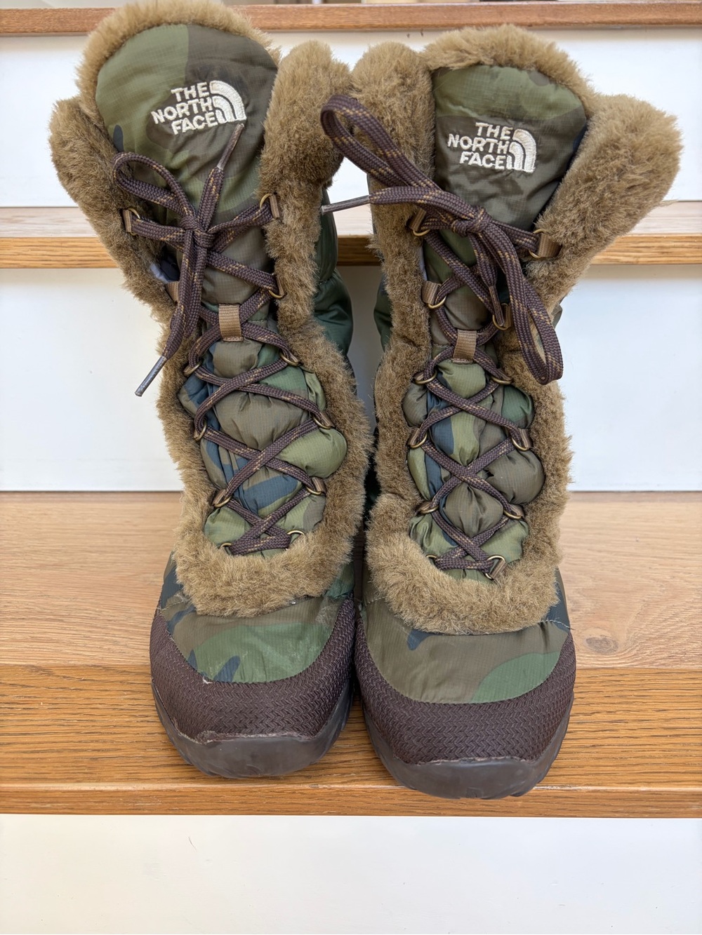 The North Face Camo Nuptse Goose Down Winter Boots Faux Fur Trim Size 11